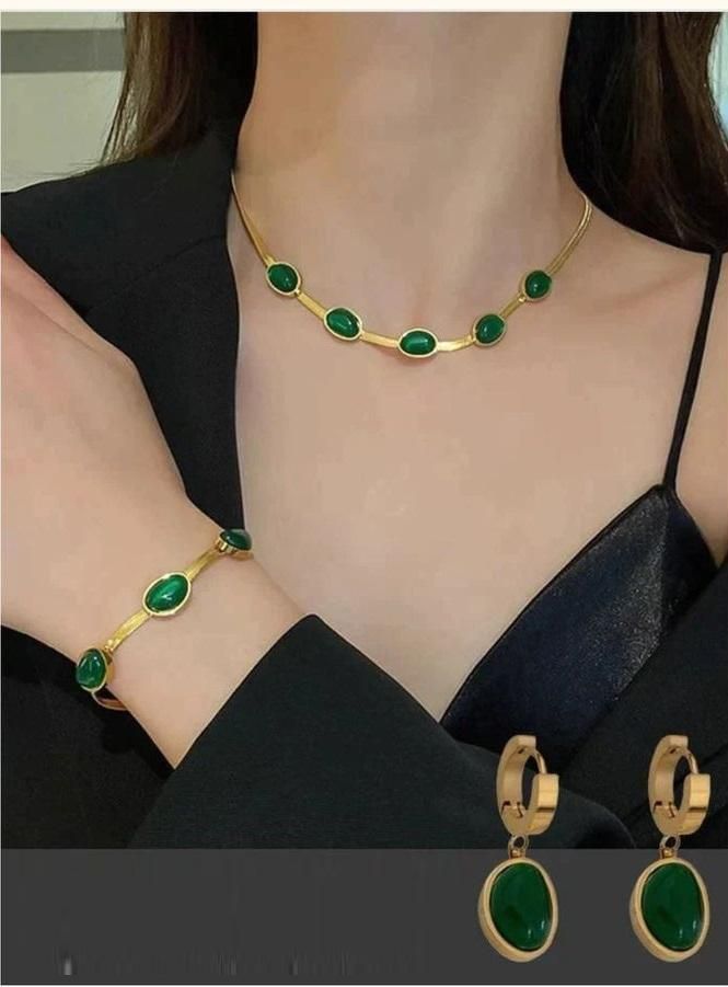 Oval Green Crystal Pendant Necklace Set With Bracelet Casual Combo