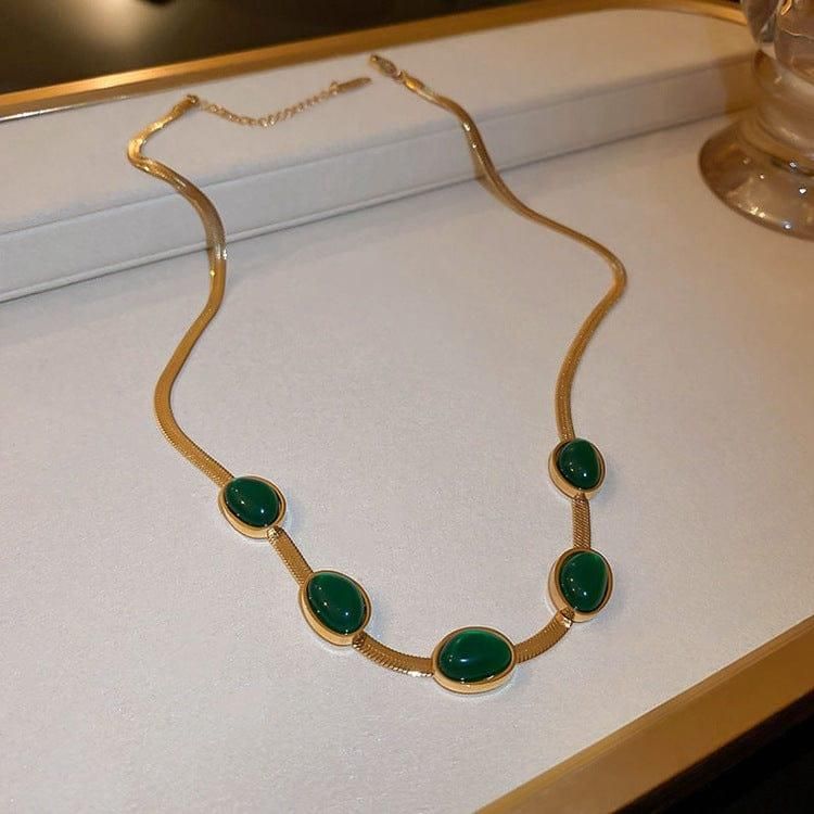 Oval Green Crystal Pendant Necklace Set With Bracelet Casual Combo