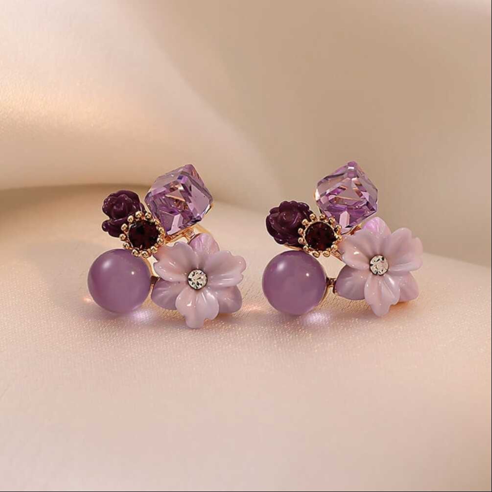 Lavender Floral Crystal Stud Earrings for Women | Elegant Earrings