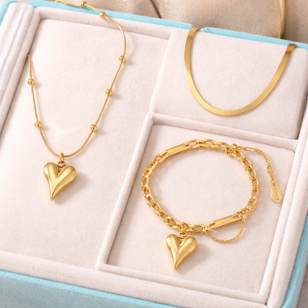 Luxury Gold Heart Jewellery Hamper | Necklace + Chain + Bracelet Gift Set