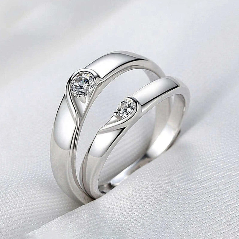 Premium Couple Love Ring Set with Diamond Look Stones – Silver Finish