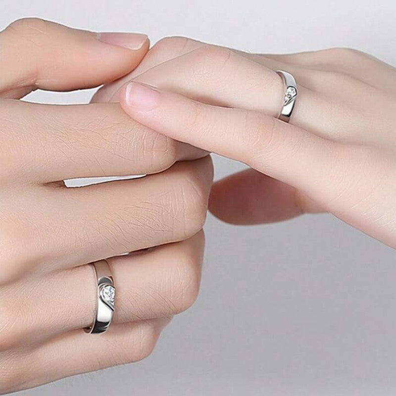 Premium Couple Love Ring Set with Diamond Look Stones – Silver Finish