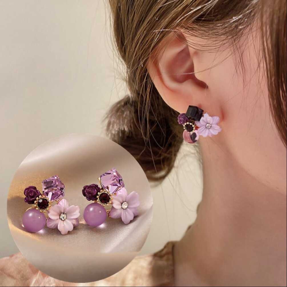 Lavender Floral Crystal Stud Earrings for Women | Elegant Earrings