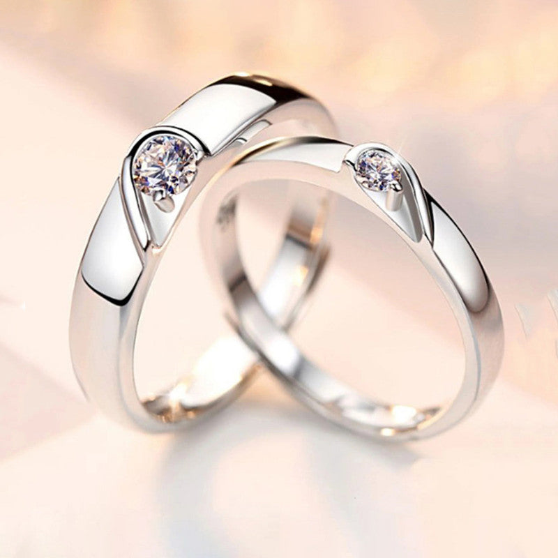 Premium Couple Love Ring Set with Diamond Look Stones – Silver Finish