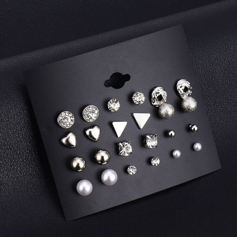 Elegant Silver Stud Earrings Set for Women – Crystal, Pearl & Geometric Designs (Multi-Pair Combo)