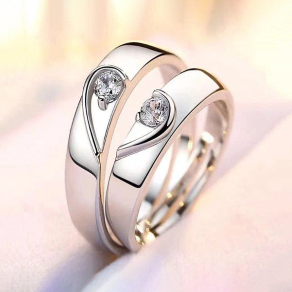 Premium Couple Love Ring Set with Diamond Look Stones – Silver Finish
