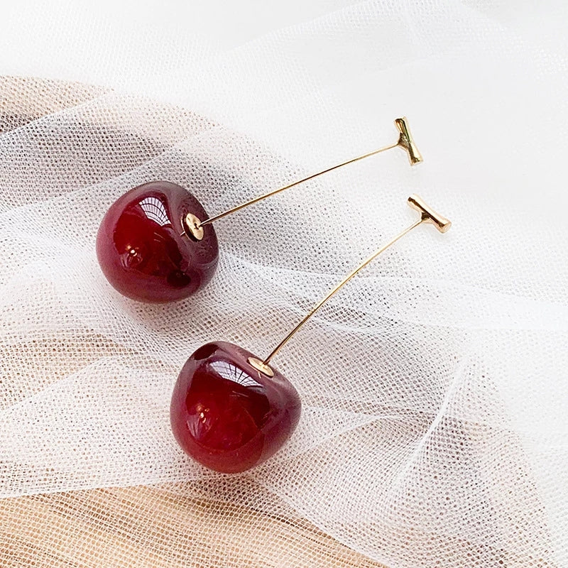 Cherry Drop Earrings for Women | Red Cherry Earrings | Cute Korean Style Earrings